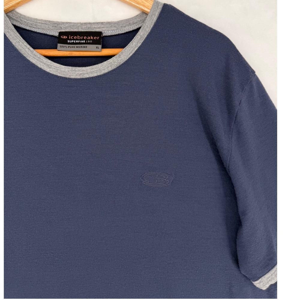 Vintage Icebreaker Superfine 190 Merino Wool Ringer T-Shirt Navy Gray XL